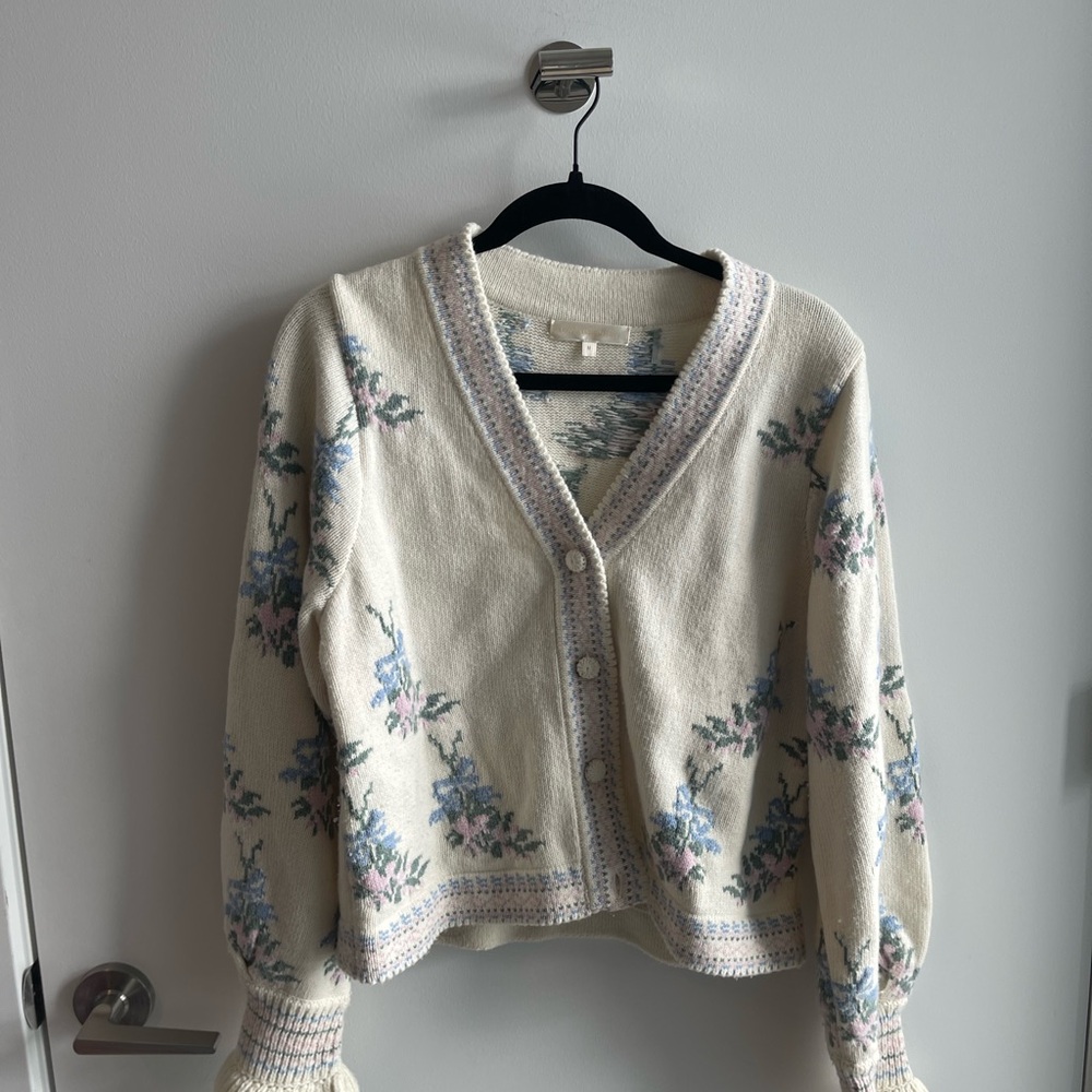 Love Shack Fancy Floral Knit Cardigan Sweater - White and Blue - Picture 2 of 8
